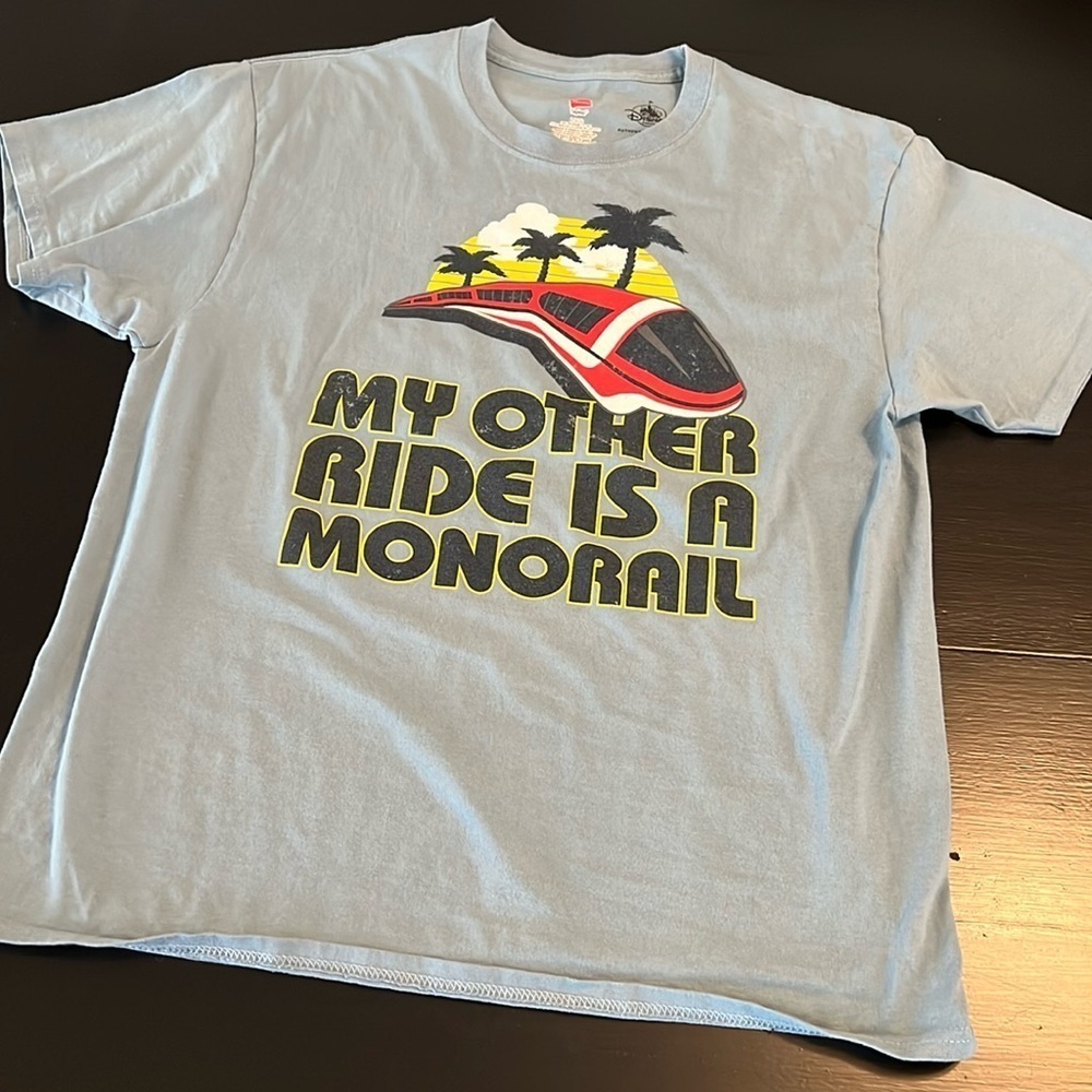 Disney‎ Parks My Other Ride Is A Monorail T-Shirt Light Blue Large Hanes Unisex